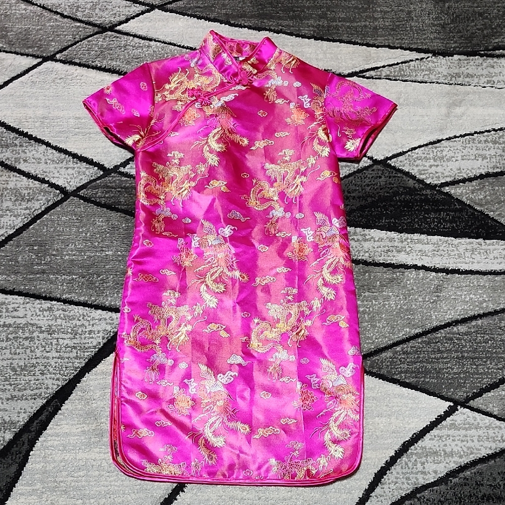 GIRLS TRADITIONAL CHINESE QIPAO/CHEONGSAM PINK & GOLD DRAGON DRESS